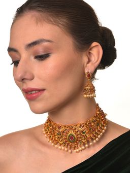 Aatmana - Gold Toned Pink and Green Stone Studded, Beaded Handcrafted Jewellery Set