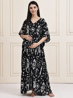Secret Wish - Black Abstract Rayon Maternity Kaftan