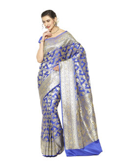 Banarasi Silk Works - Blue Mughal Motif Heavy Katan Saree with Unstitched Blouse