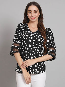 Curvydrobe - Casual Geometric Print Women Black Top