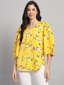 Curvydrobe - Yellow Floral Print V-Neck Top