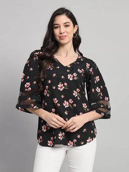 Curvydrobe - Black Floral Print V-Neck Top