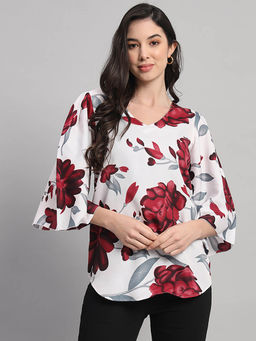 Curvydrobe - White Floral Print V-Neck Top