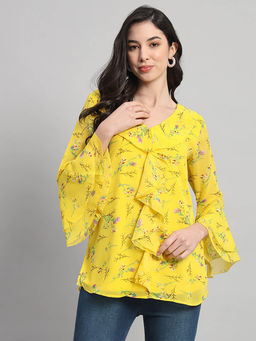 Curvydrobe - Yellow Floral Print V-Neck Top