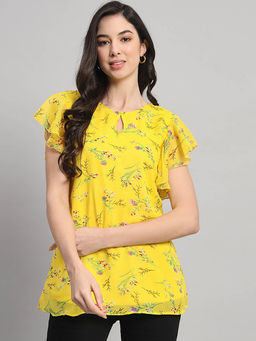Curvydrobe - Yellow Floral Print V-Neck Top