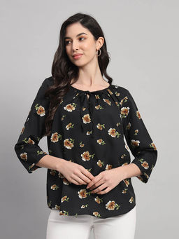 Curvydrobe - Black Floral Print V-Neck Top