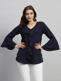Curvydrobe - Navy Blue V-Neck Ruffle Top