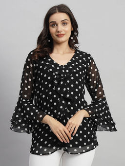 Curvydrobe - Black Polka Dot V-Neck Ruffle Top