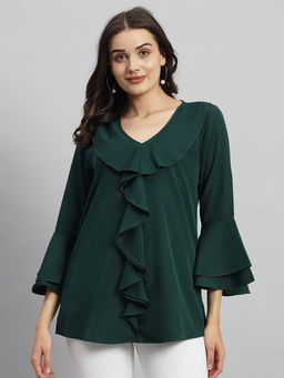 Curvydrobe - Solid Bottle Green V-Neck Ruffle Top