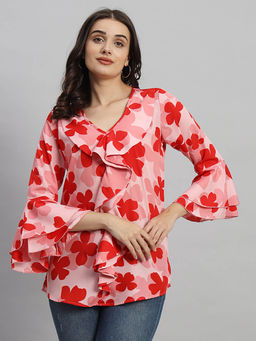 Curvydrobe - Peach Floral V-Neck Ruffle Top