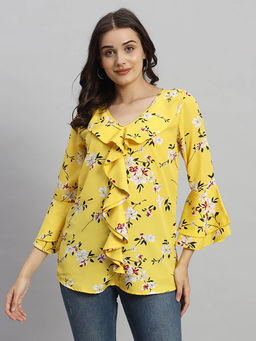 Curvydrobe - Yellow Floral Crepe V-Neck Ruffle Top