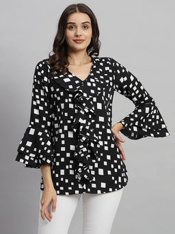 Curvydrobe - Black Geometric Print V-Neck Ruffle Top