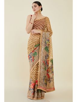 Soch - Women Beige Georgette Printed Saree with Unstitched Blouse