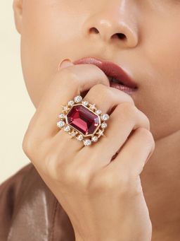 Isharya - Red Ruby Lyric Stone Ring In 18Kt Gold Plated