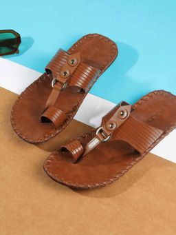 Mochi - Mens Tan Open Sandals with Flat Sole