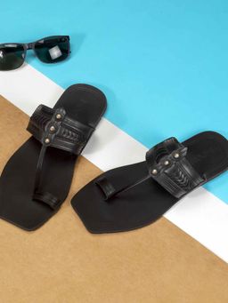 Mochi - Mens Black Open Sandals with Flat Sole