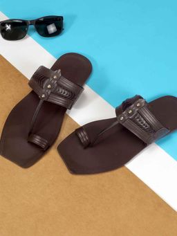 Mochi - Mens Brown Open Sandals with Flat Sole