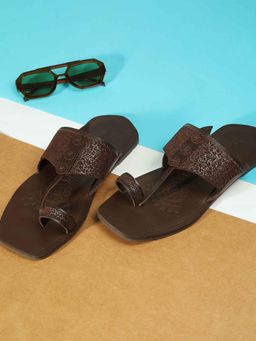 Mochi - Mens Brown Open Sandals with Flat Sole