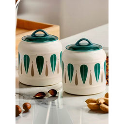 The Better Home - Green Printed Ceramic Jar, 2.5L, (Pack Of 2)