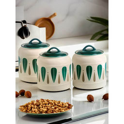The Better Home - Green Printed Ceramic Jar, 2.5L, (Pack Of 3)