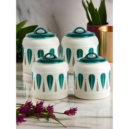 The Better Home - Green Printed Ceramic Jar, 2.5L, (Pack Of 4)