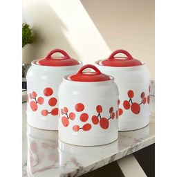 The Better Home - Red Printed Ceramic Jar, 2.5L, (Pack Of 3)