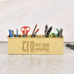 Living With Elan - Daisy Yellow Ceo 4 Compartment Metal Desk Stationery Organizer