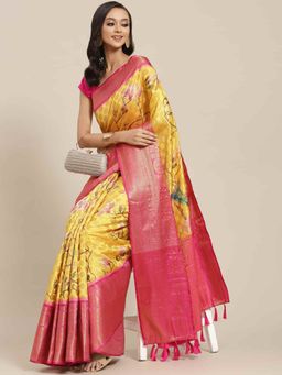 Silk Land - Banarasi Art Silk Digital Printed Saree with Unstitched Blouse Piece Yellow