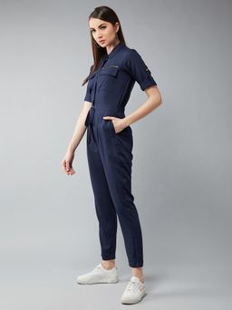 Miss Chase - Women'S Navy Blue V-Neck Solid Straight Leg Tie-Up Jumpsuit