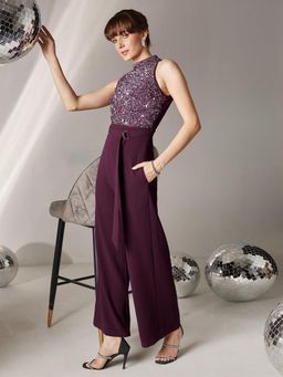 Miss Chase - Womens Dark Purple Halter Neck Sleeveless Jumpsuit