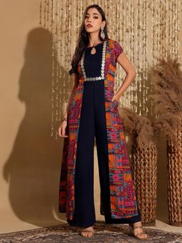 Miss Chase - Women's Multicolored-Base-Navy Blue Bohemian Printed Jumpsuit