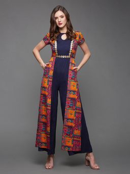 Miss Chase - Women's Multicolored-Base-Navy Blue Regular Sleeve Bohemian Printed Jumpsuit