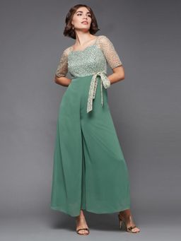 Miss Chase - Women's Light Green Square Neck Regular Jumpsuit