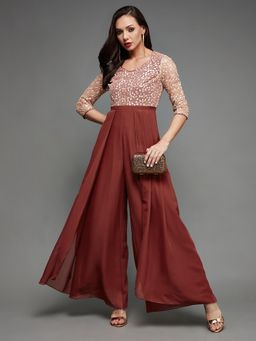 Miss Chase - Women'S Brick Red and Peach Embroidered Sweet-Heart Neck Georgette Jumpsuit