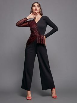 Miss Chase - Women'S Black and Red V-Neck Full Sleeve Asymmetric Polyester Jumpsuit