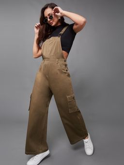 Miss Chase - Women'S Olive Square Neck Sleeveless Solid Wide-Leg Cotton Dungaree