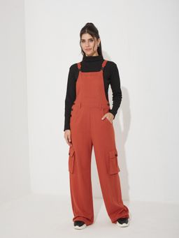 Miss Chase - Womens Rust Square Neck Sleeveless Solid Wide Leg Full Length Dungaree