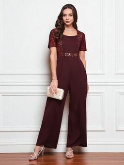 Miss Chase - Women'S Wine Square Neck Half Sleeve Regular-Length Polyester Jumpsuit