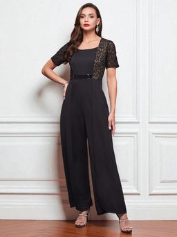 Miss Chase - Women'S Black Square-Neck Half-Sleeve Regular-Length Polyester Jumpsuit