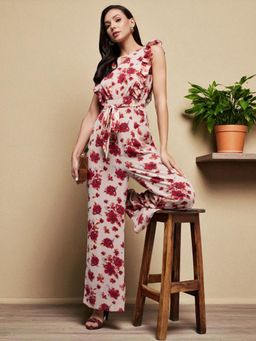 Miss Chase - Women'S Multicolored-Base-Light Pink Sleeveless Floral Wide Leg Jumpsuit