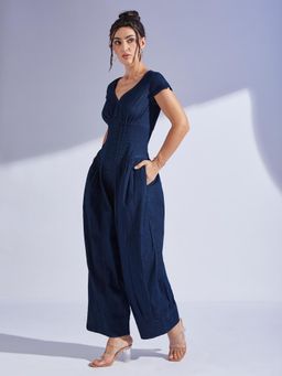 Miss Chase - Womens Navy Blue Half Sleeves Pin Tucked Dhoti Style Denim Jumpsuit