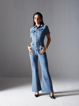 Miss Chase - Women'S Blue Flared High Rise Regular Stretchable Denim Jumpsuit
