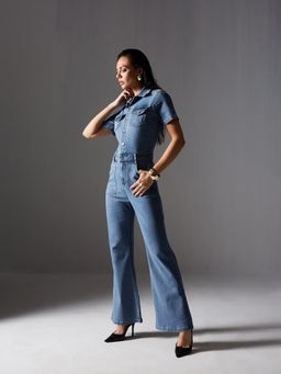 Miss Chase - Women'S Blue Flared High Rise Regular Stretchable Denim Jumpsuit