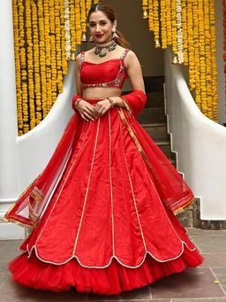 Lavanya The Label - Red Silk Embroidered Lehenga (Set of 3)