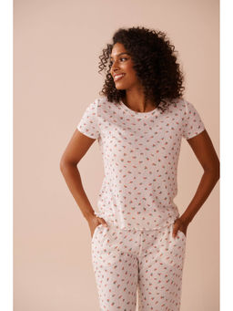 La Vie En Rose - Strawberry Print Lettuce Edge Pointelle T-Shirt