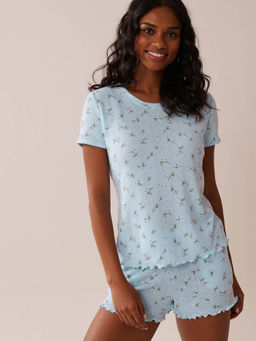 La Vie En Rose - Floral Print Lettuce Edge Pointelle T-Shirt