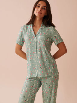 La Vie En Rose - Rabbit and Strawberry Print Super Soft Button-Down Shirt