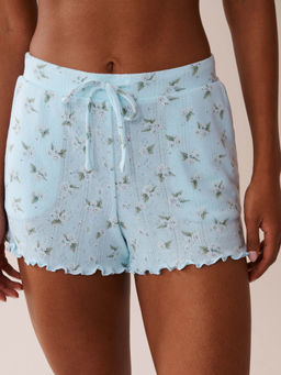 La Vie En Rose - Floral Print Lettuce Edge Pointelle Pajama Shorts