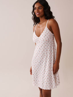 La Vie En Rose - Strawberry Print Lettuce Edge Pointelle Nightie