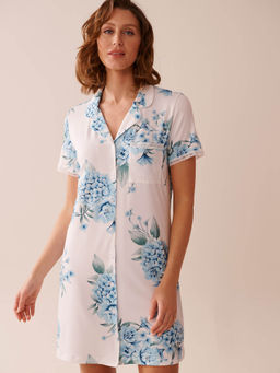 La Vie En Rose - Hydrangea Print Super Soft Button-Down Sleepshirt